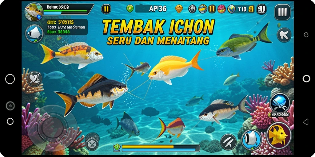 Tangkapan layar menunjukkan aksi seru dalam gameplay tembak ikan.