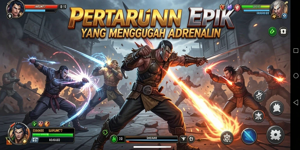 Tampilan gameplay penuh aksi dalam pertarungan menegangkan.