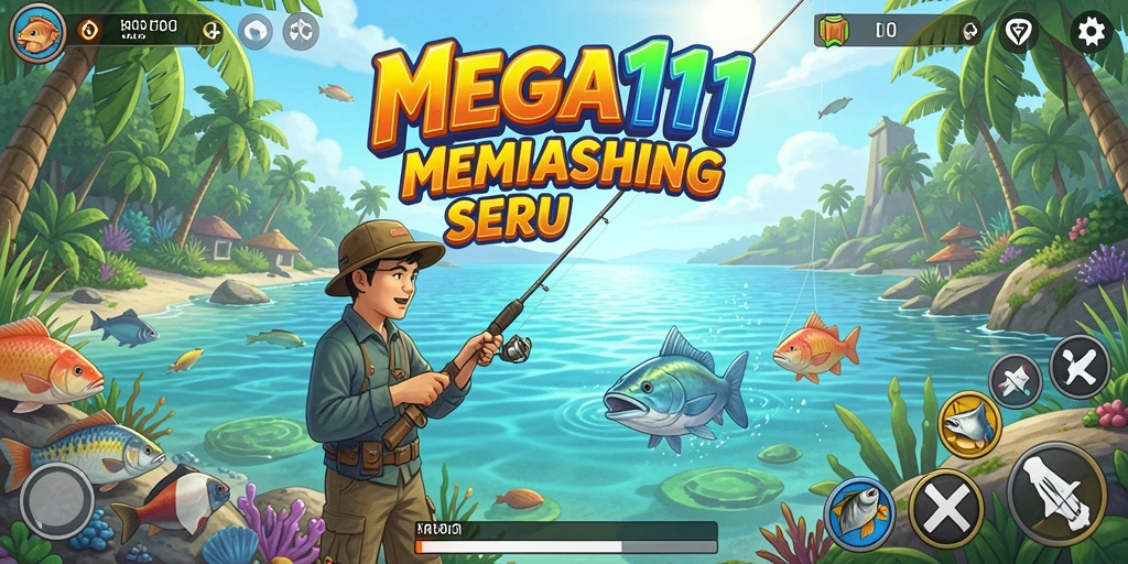 Tampilan gameplay utama MEGA111 saat memancing di lokasi yang indah.