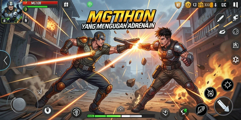 Tangkapan layar gameplay MG108 menunjukkan pertempuran seru dengan karakter yang beragam.