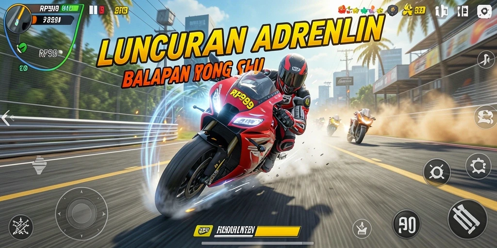 Tampilan gameplay balap motor yang seru dan menegangkan.