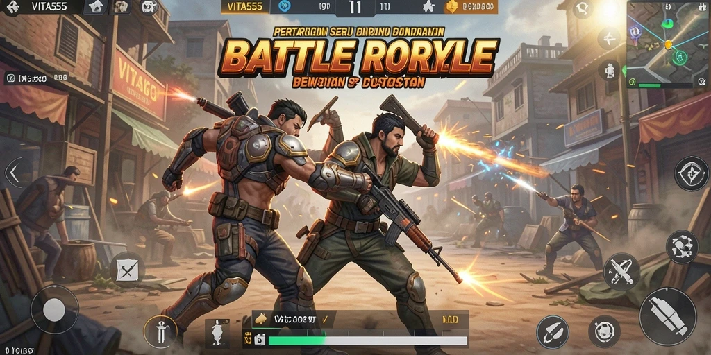 Gameplay VITA555 menampilkan pertarungan Battle Royale yang intens dan seru.
