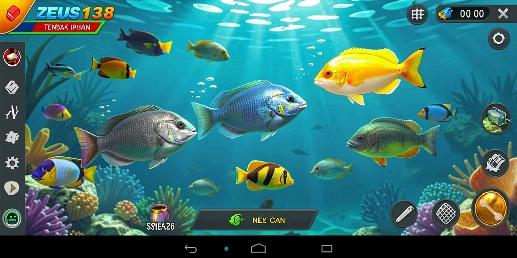 Screenshot gameplay ZEUS138 menunjukkan aksi menembak ikan yang seru.